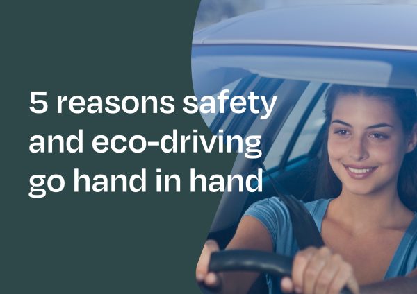 Woman smiling while driving a car. Copy on top of the image saying 