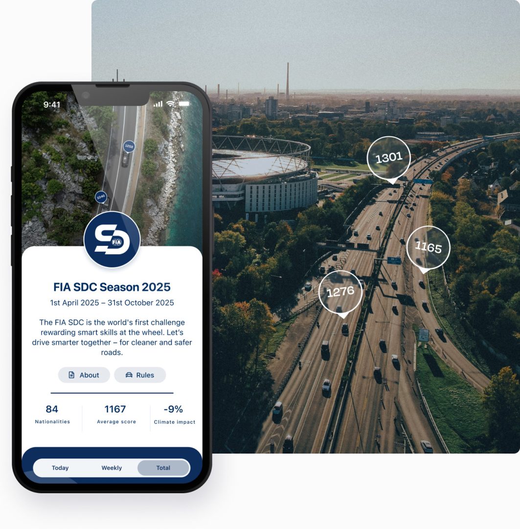 A highway from above with cars driving with driver scores above them. A mobile mockup to the side showing the FIA Smart Driving Challenge App