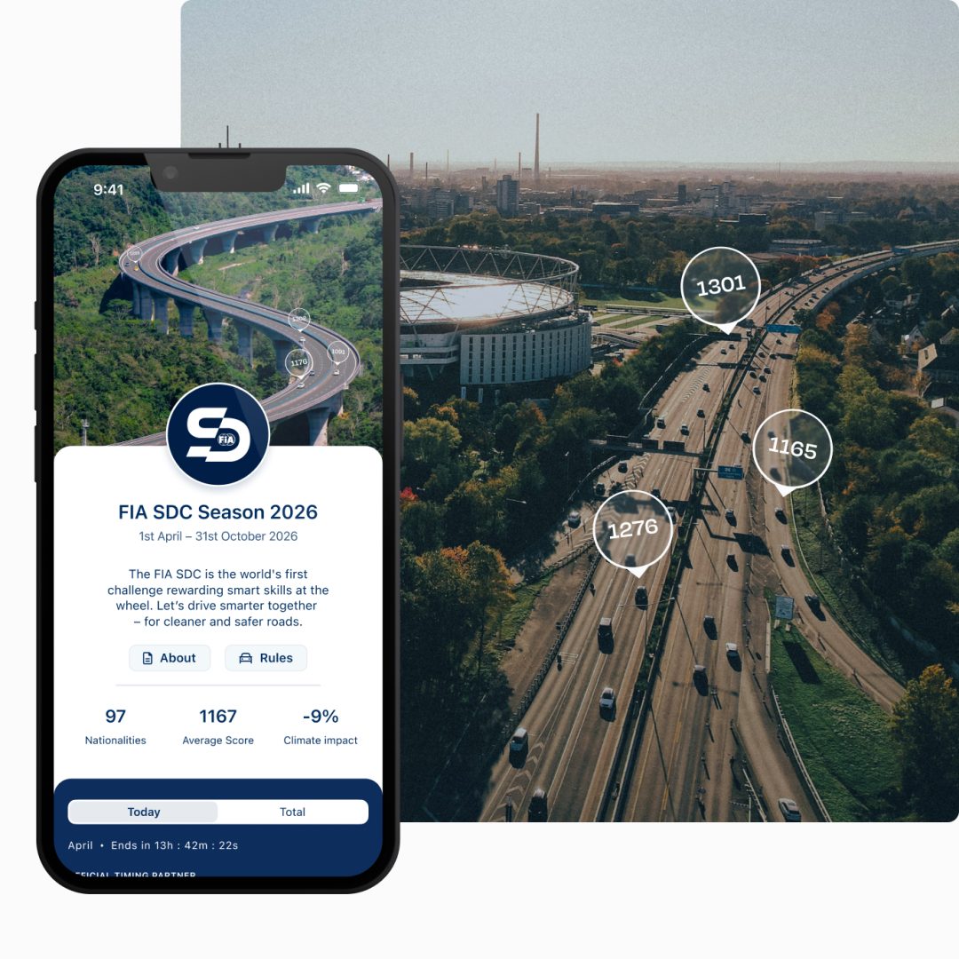 A highway from above with cars driving with driver scores above them. A mobile mockup to the side showing the FIA Smart Driving Challenge App